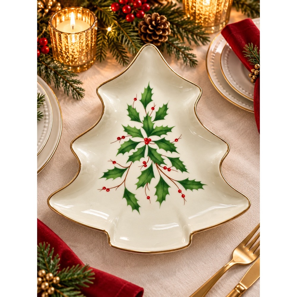 Lenox Holiday Tree Candy Dish Porcelain Holly Berry Gold Trim 6146310 NWOT
